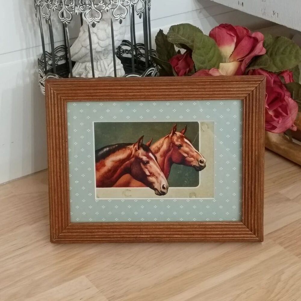 Vintage Print of 2 Horses in Wood Frame & Glass Rustic Country Decor